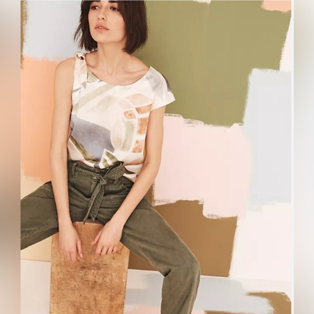 Maeve 100% Silk Cream Tank Top Asymmetrical Graphic Design NWT